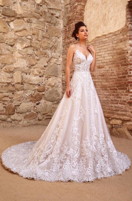 kitty chen a line wedding dresses spaghetti neck backless elegant lace appliqued bridal gowns sweep train tulle beach wedding dress
