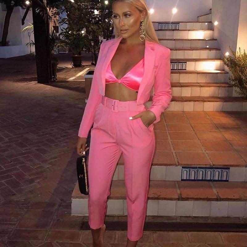 Townlike Casual Women Suits Office Sets Fluorescence Neon Green Crop Top And Pant For Blazer Set
