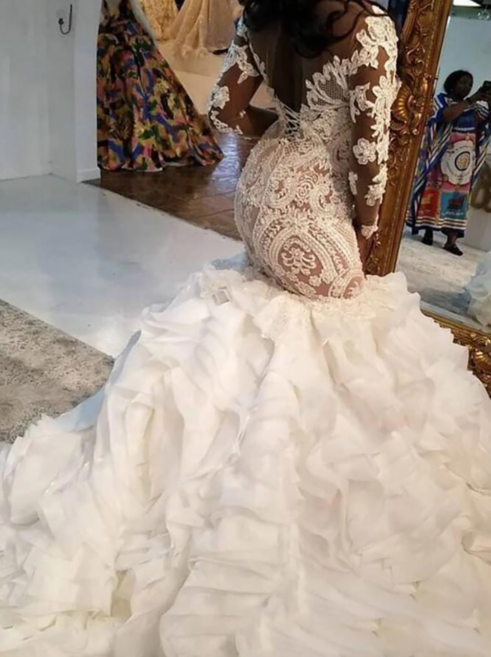 New Mermaid Lace Wedding Dresses African Dubai Long Plus Size Bridal Gowns Illusion Long Sleeves Court Train Wedding Wear vestidos de