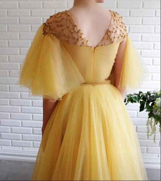 2020 Designer Yellow Prom Dresses Jewel Neck A Line Embroidered Crystals Evening Dress Custom Made Formal Special Occasions Gowns
