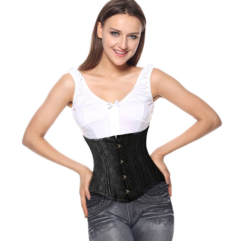 24 Double Flat Boned Short Torso Corsets Steel Boned Padded Waist Trainer Body Shaper Brocade Jacquard Underbust Corset Women Slimming Belt Black 3XL