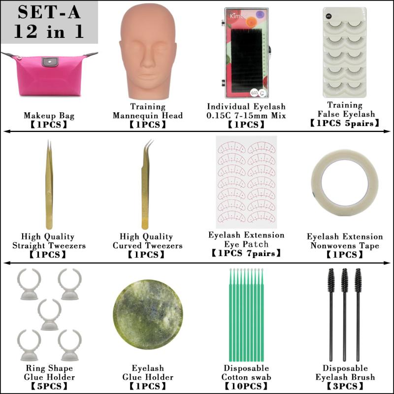 Kimcci False Eyelash Extension Training Kit Exercise Practice Mannequin Head Set Grafting Eyelash Tools Kit Eye Lashes Grafting