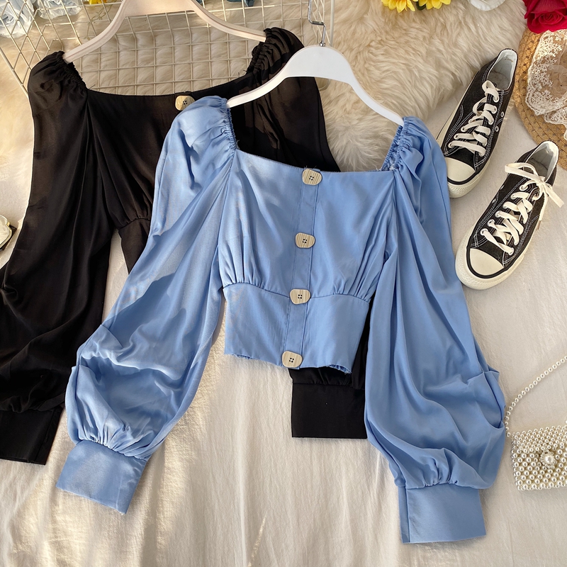 New design womens retro fashion square collar lantern long sleeve single breasted short up-navel high waist blouse shirt tops