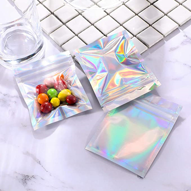 100 Pieces Resealable Smell Proof Bags Foil Pouch Bag Flat laser color Packaging Bag for Party Favor Food Storage Holographic Color