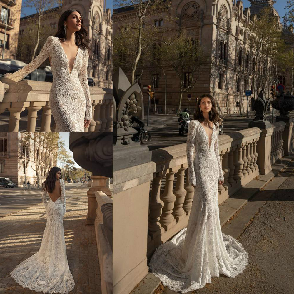 Julie Vino Mermaid Wedding Dresses Deep V Neck Lace Appliques Bridal Gowns Sexy Backless Long Sleeve Sweep Train Beach Wedding Dress