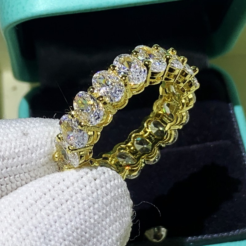 Simple Fashion Jewelry 925 Sterling Silver&Gold Fill Oval Cut White Topaz CZ Diamond Eternity Women Party Wedding Engagement Band Ring Gift
