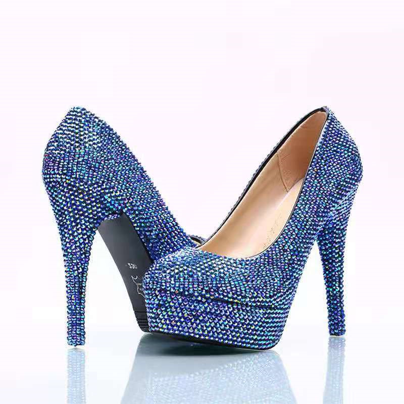Shiny Full Blue Diomond Wedding Shoes Pumps High Heels Bridal Shoes 14cm Bling Bling Prom Shoes for Lady