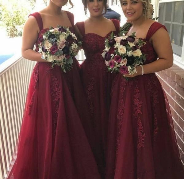 2019 Formal Burgundy Bridesmaid Dresses Plus Size Strappy A Line Lace Appliqued Tulle Maid of Honor Dresses Wedding