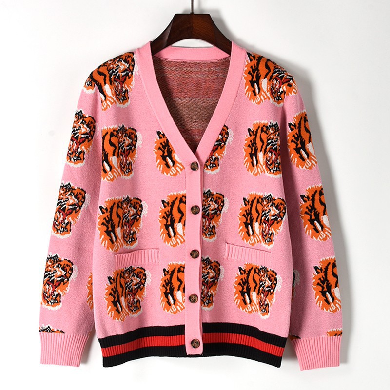 Fashion-2019 New Autumn and Winter Women Knitwear Covered Tiger Head Print V-Neck Knit Shirt Cardigan Sweater Womens Outwear Tops Size S-L от DHgate WW