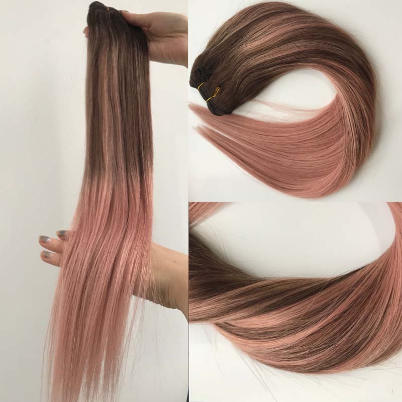Brazilian Remy Hair 100% Human Hair Weft Balayage Ombre Color Darker Brown Fading to Rose Golden Straight Sew in Hair Bundles