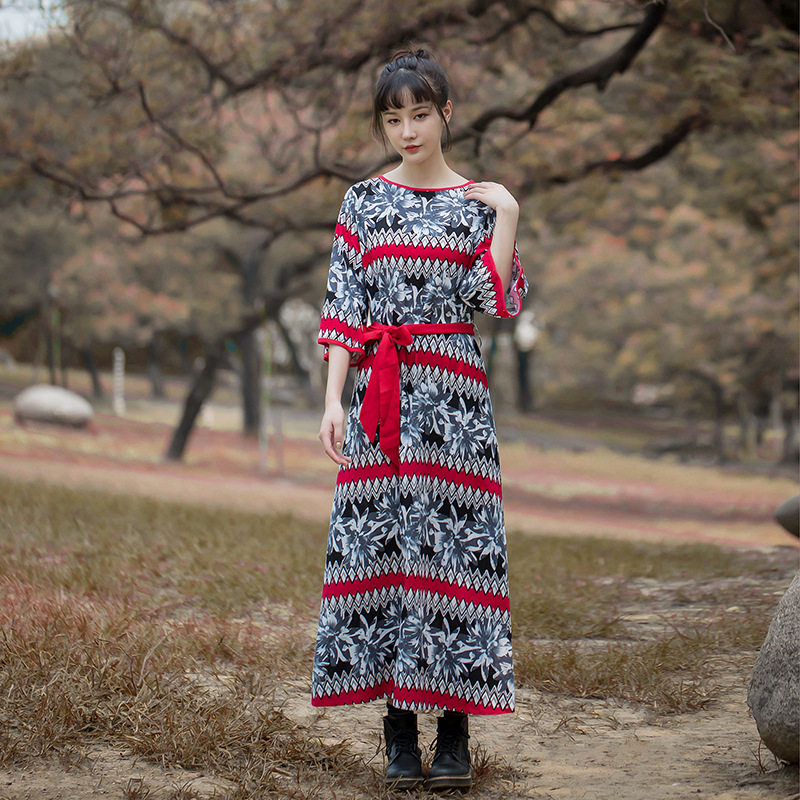 2020 Women Spring Summer Enthnic Clothing Cotton Linen Printed Dress Ladies Vintage Patchwork Retro Robe Dress Female Improve Hanfu
