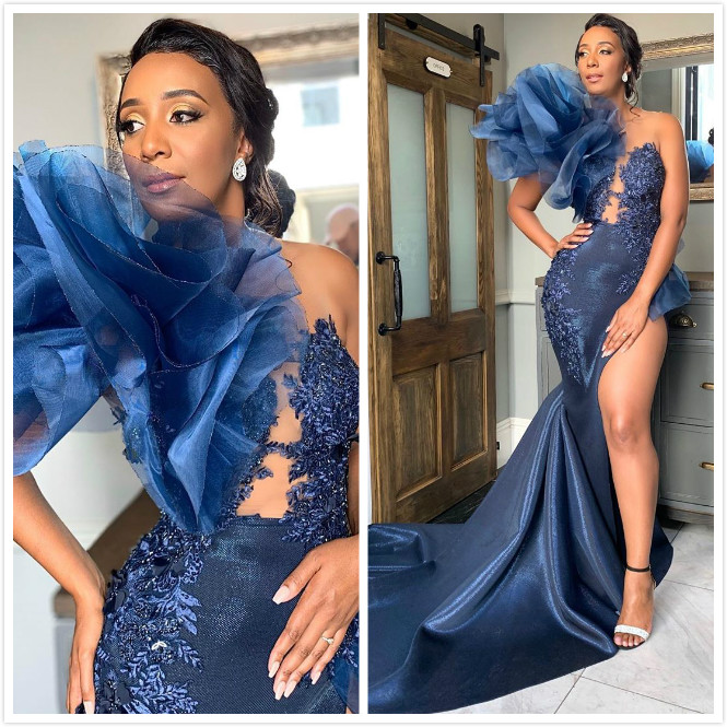 Aso Ebi 2020 Arabic Navy Blue Sexy Evening Dresses Lace Beaded Prom Dresses High Split Formal Party Second Reception Gowns ZJ422