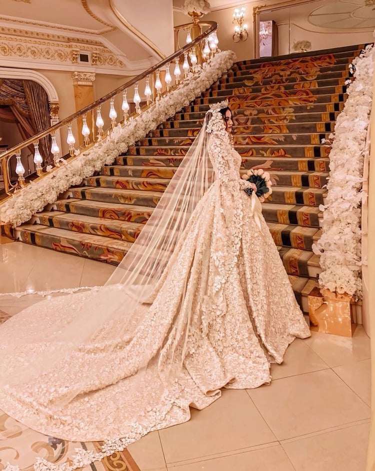 Luxurious Arabic Muslim Wedding Dresses 3D Floral Flowers High Neck Sweep Train Long Sleeve Bridal Gowns Conservative Wedding Dress