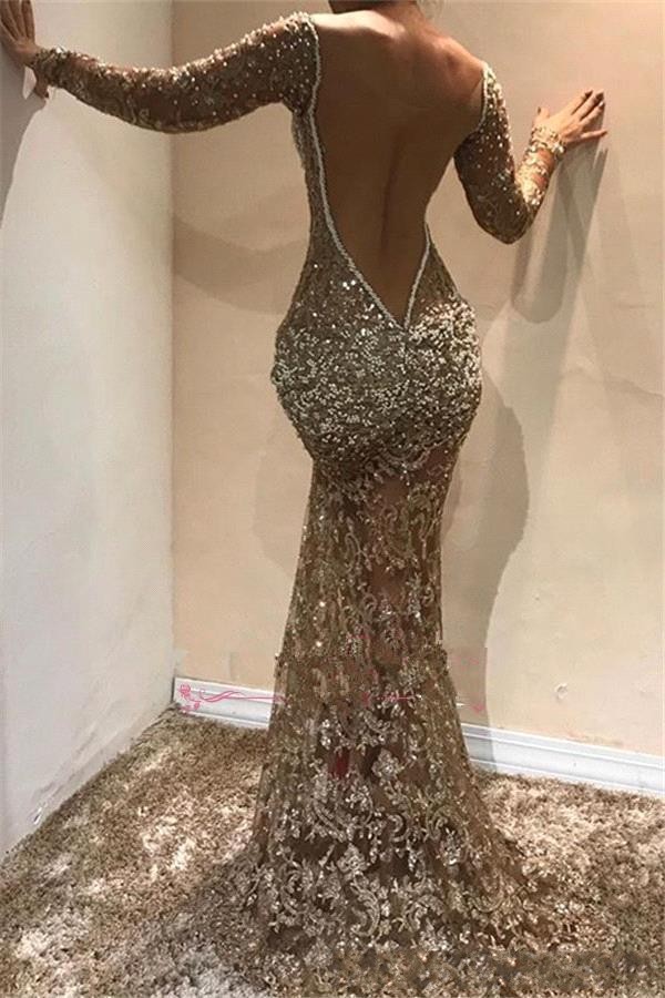 New Sexy Arabic Mermaid Dresses Sheer Neck Long Sleeves Lace Crystal Beaded Sequined Side Split Sweep Train Formal Prom Evening Gowns