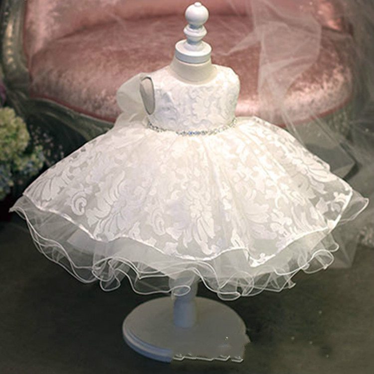 2019 Vintage Flower Girls' Dresses Ivory Baby Infant Toddler Baptism Clothes with Big Bow Long Lace Tutu Ball Gowns Birthday Party Dress