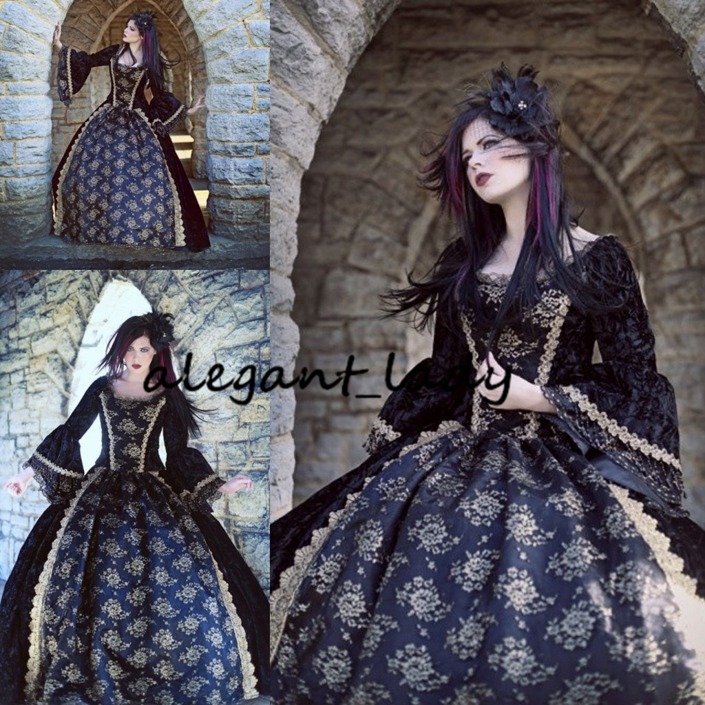 Gothic Renaissance Medieval Fantasy Wedding dress 2021 Vintage Black Gold lace-up Corset Back Sleeping Beauty Bride Gowns