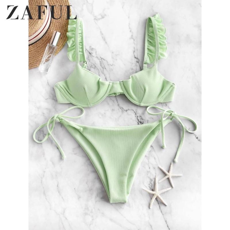 

ZAFUL Sexy Women Bikinis Set Frilled Textured Tie Underwire Bikini Swimsuit Low Waisted Elastic Tie Side Bikini Push Up