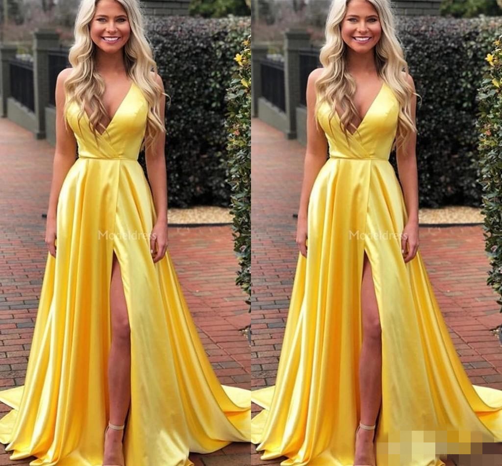 Prom Bright Yellow Dresses Satin Deep V Neck Sexy Front High Slit Split Straps Custom Made Formal Evening Party Gowns 6660305