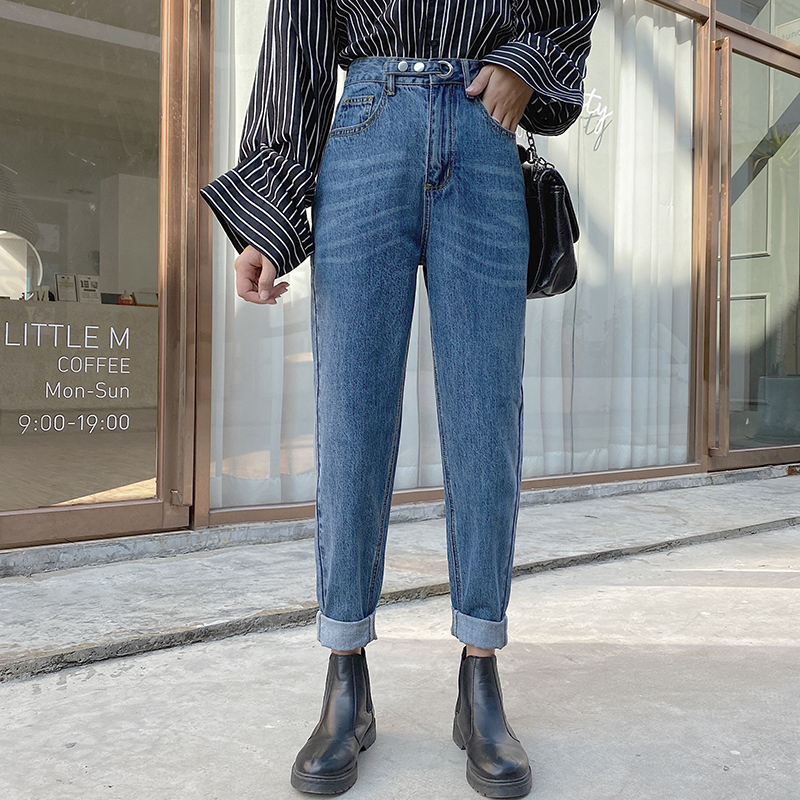 Women's Jeans Denim Women With Retro Waisted Jean Haren Pants In Regular Fit Ankle-length High Waist Womens Streetwear Blue