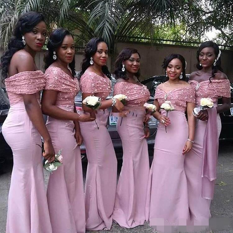 Pink Mermaid Blush Bridesmaid Dresses Elegant Off The Shoulder Sequins Ruched Pleats Custom Made Maid Of Honor Gown Plus Size Lz0304