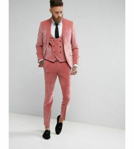 2020 Pink Valvet Groom Wedding Suits 3 Pieces Suit Mens Double Breasted Vested Tuxedos Slim Formal Wear