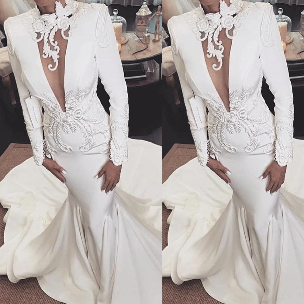 Elegant Mermaid Wedding Dresses With Embroidery High Neck Long Sleeve Modest Bridal Gowns Sweep Train Ivory Satin Wedding Dress
