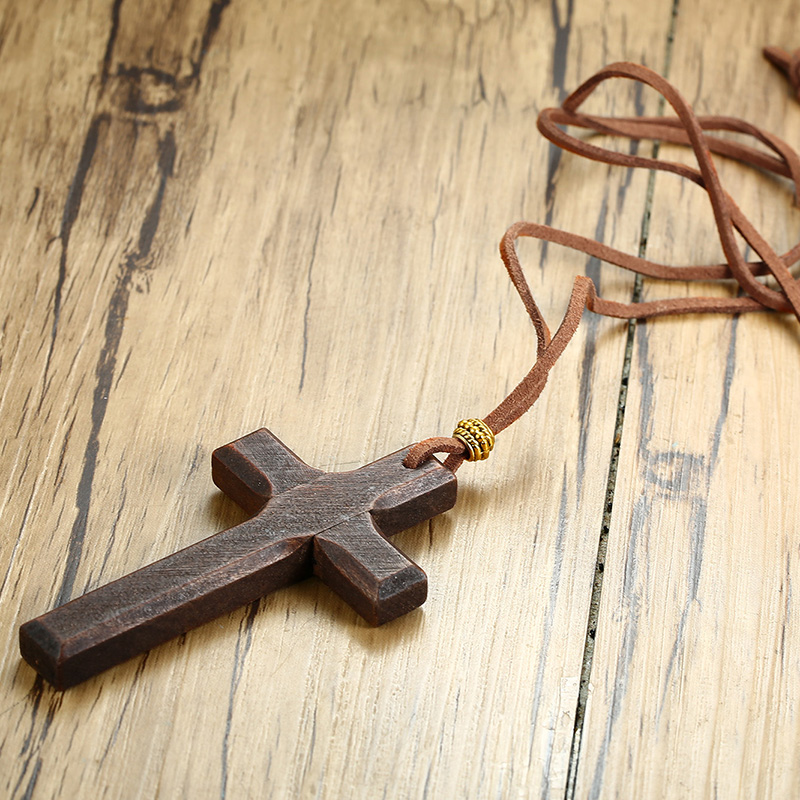Large Wood Necklace with Leather Cord Hand Carved Necklace Faith Jesus Mens jewelry