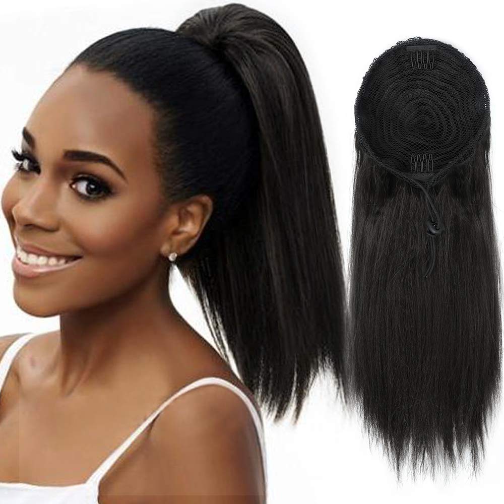 Coarse Yaki Ponytail 100% Human Hair Drawstring Ponytail With Clips In For Women Peruvian Virgin Kinky Straight Ponytail Hair Extension 140g
