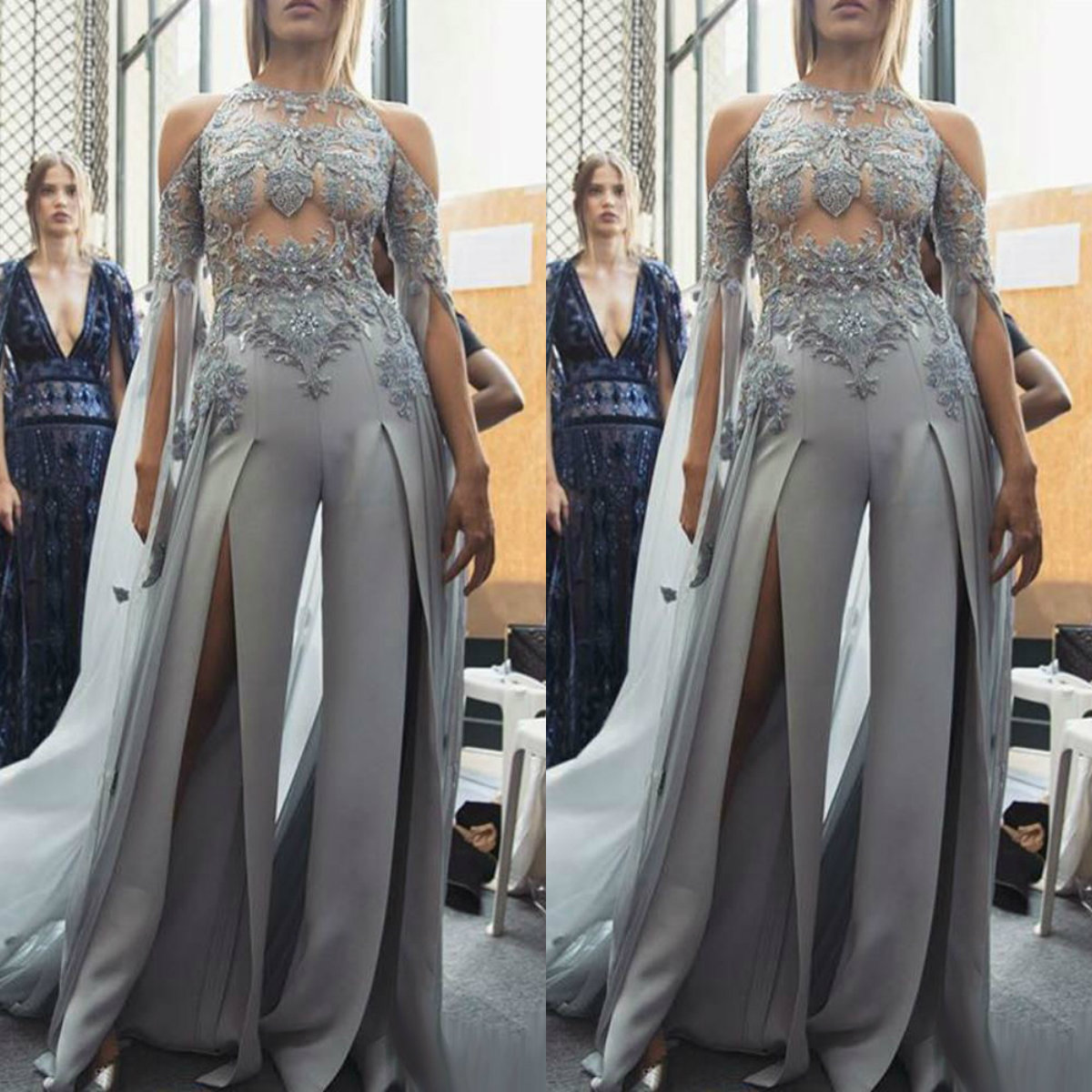 2019 Sexy Women Jumpsuits Long Sleeve Prom Dresses Illusion Lace Applique Beaded Thigh High Slits Evening Gowns Sexy Party Dresses