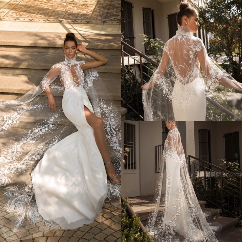 elihav sasson beach split wedding dresses with cape sexy mermaid lace appliqued satin bridal gowns robe de marie