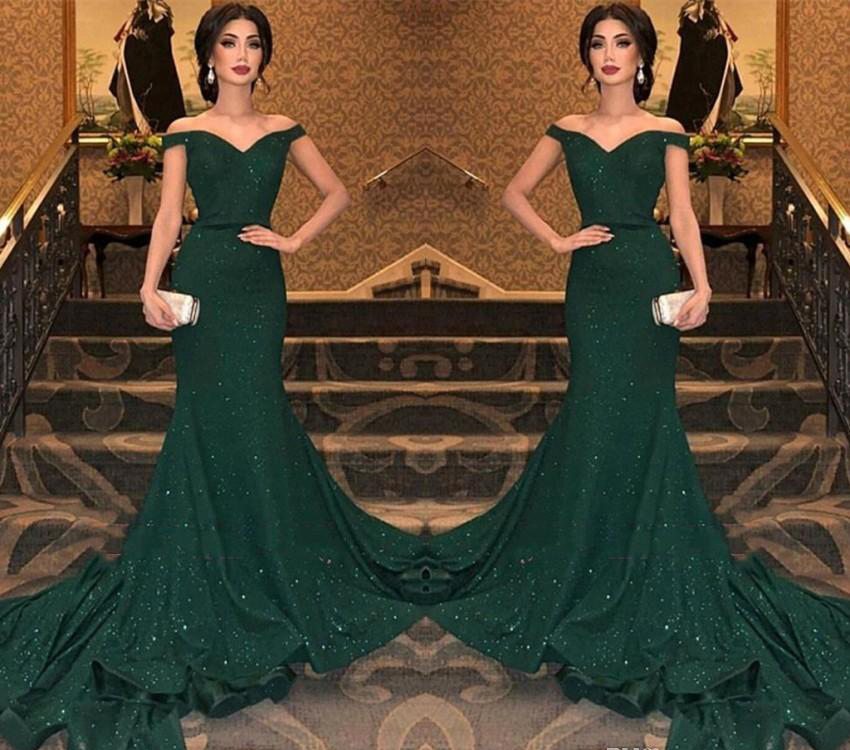 Dark Green Sequined Evening Dresses 2019 Mermaid Off Shoulders Celebrity Holiday Women Wear Formal Party Prom Gowns Custom Made Plus Size