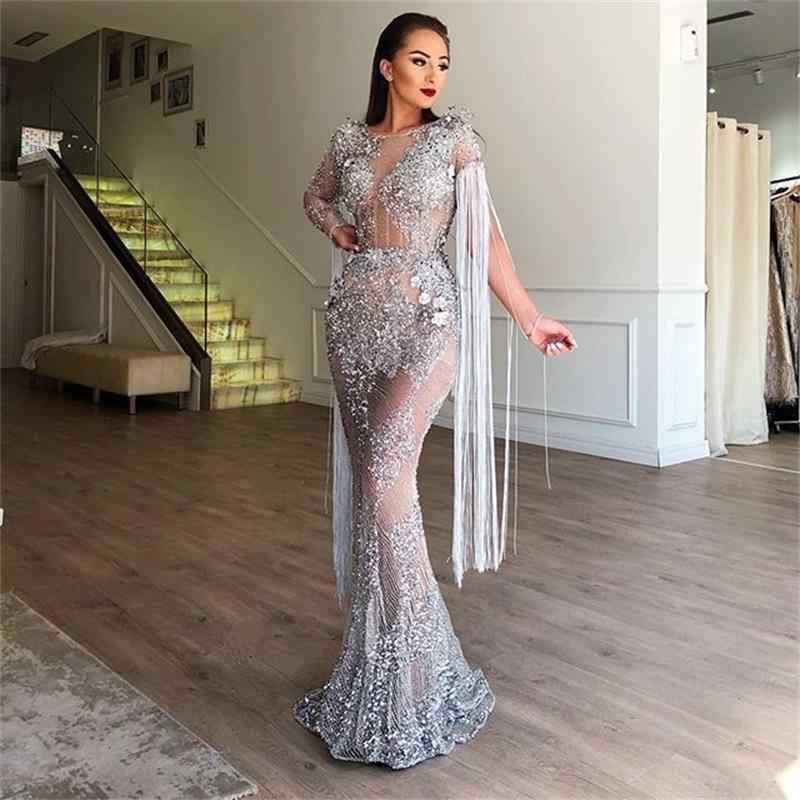 Silver Mermaid Prom Dresses Jewel Neck Lace 3D Floral Appliqued Beads Illusion Evening Dress Party Wear Custom Made Formal Party Gowns
