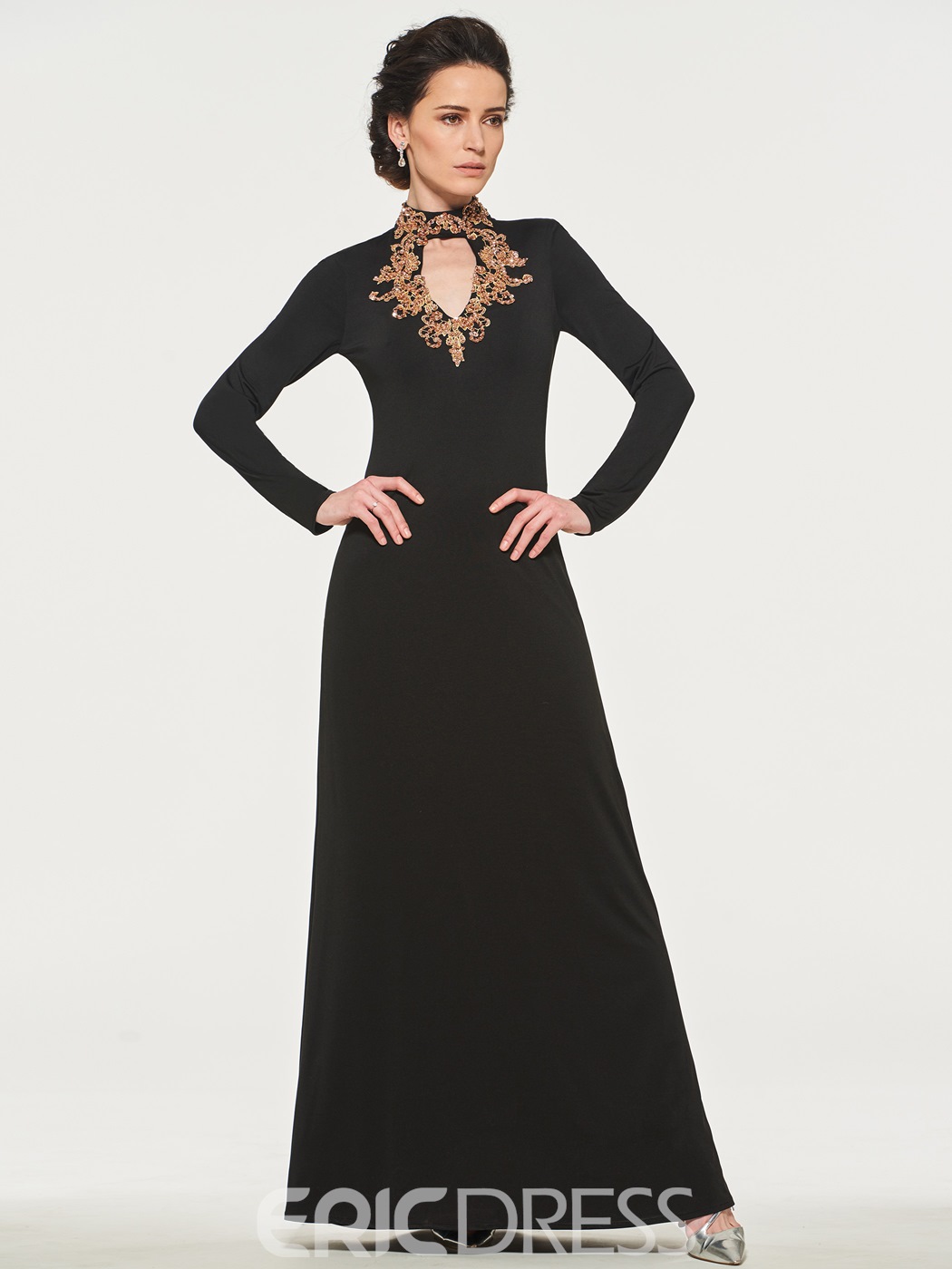 Elegant Sheath Mother of The Bride Dresses Keyhole High Neck Long Sleeve Wedding Guest Dress Lace Crystal Sweep Train Evening Gown