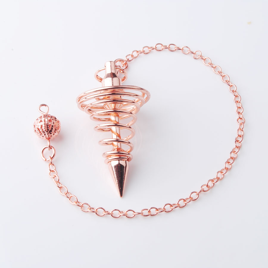 WOJIAER Rose Gold Metal Pendulum Pendant Pendulo Radiestesia Pendulums for Dowsing Spiral Cone Antique Pyramid Pendule Reiki Jewelry O9458