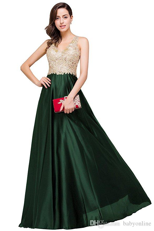 Sexy Backless Lace Satin Evening Dress A Line V Neck Gold Appliques Prom Gowns Robe De Soiree Cheap CPS358