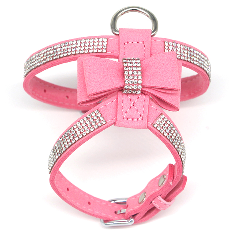 Soft Suede Dog Harness Pet Vest Adjustable Shining Diamonds Bow Rhinestone Pet Cat Collar Harnesses For Small Medium Dogs Pet Product