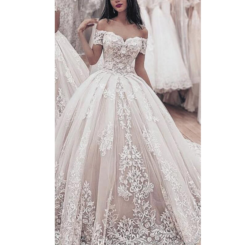 Vintage Lace Dubai Wedding Dresses 2020 Royal Church Ball Gown Bridal Gowns Off The Shoulder Lace Up Back Plus Size vestido de noiva