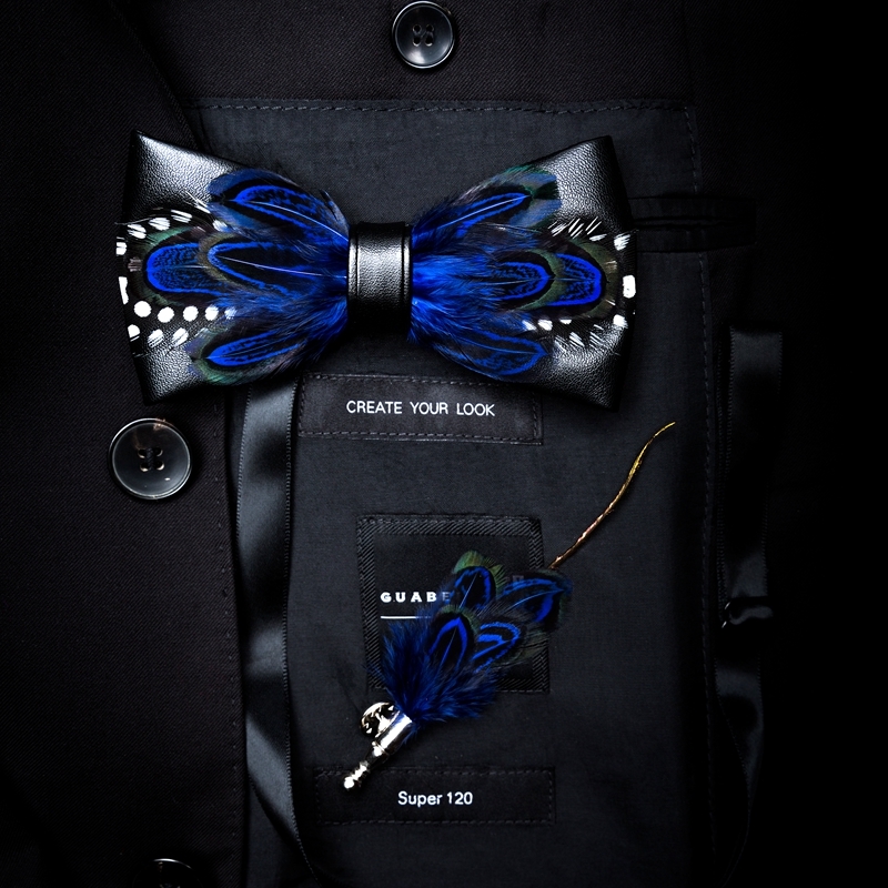 GUSLESON Exquisite Hand made Feather Bow Tie Brooch Pin Set With Gift Box Pre-tied Men Tie Bowtie For Wedding Party 201028