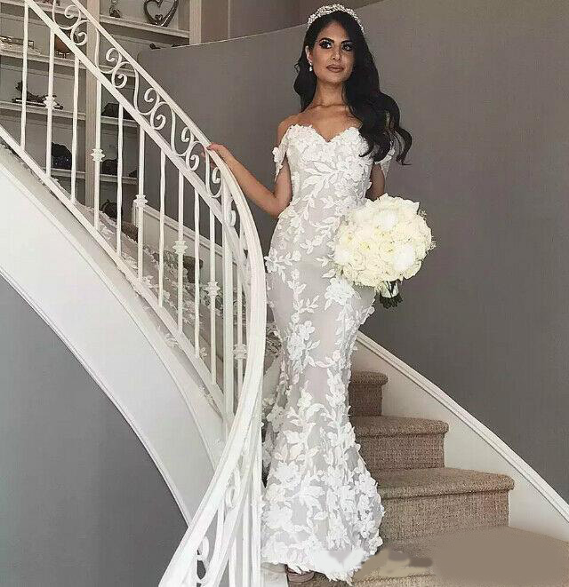 Plus Size Lace Dubai Arabic Mermaid Wedding Dresses Off Shoulder Applique Floor Length Wedding Dress Bridal Gowns vestidos de novia robe
