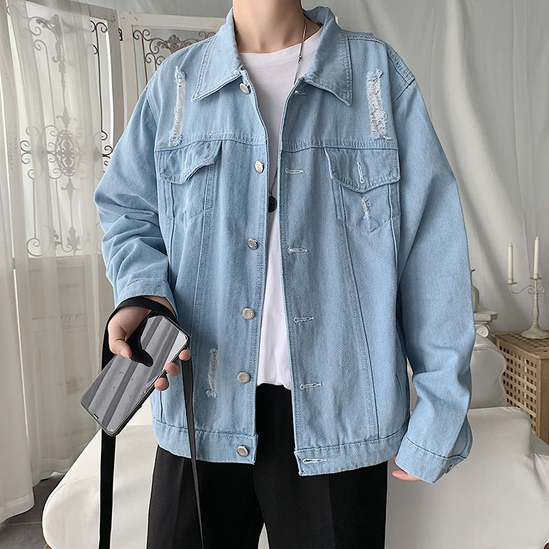 Ripped Denim Jacket Men' Fashion Solid Color Retro Casual Hole Denim Jacket Men Streetwear Loose Hip Hop Bomber Men, Blue 
Ripped Denim Jacket Men' Fashion Solid Color Retro Casual Hole Denim Jacket Men Streetwear Loose Hip Hop Bomber Men, Blue