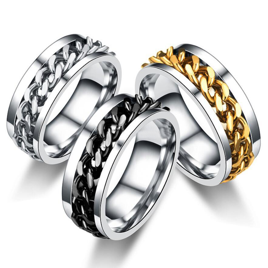 Punk Men Ring Titanium Stainless Steel Gold Black Chain Rotable Rings For Women Accessories Size 6-12