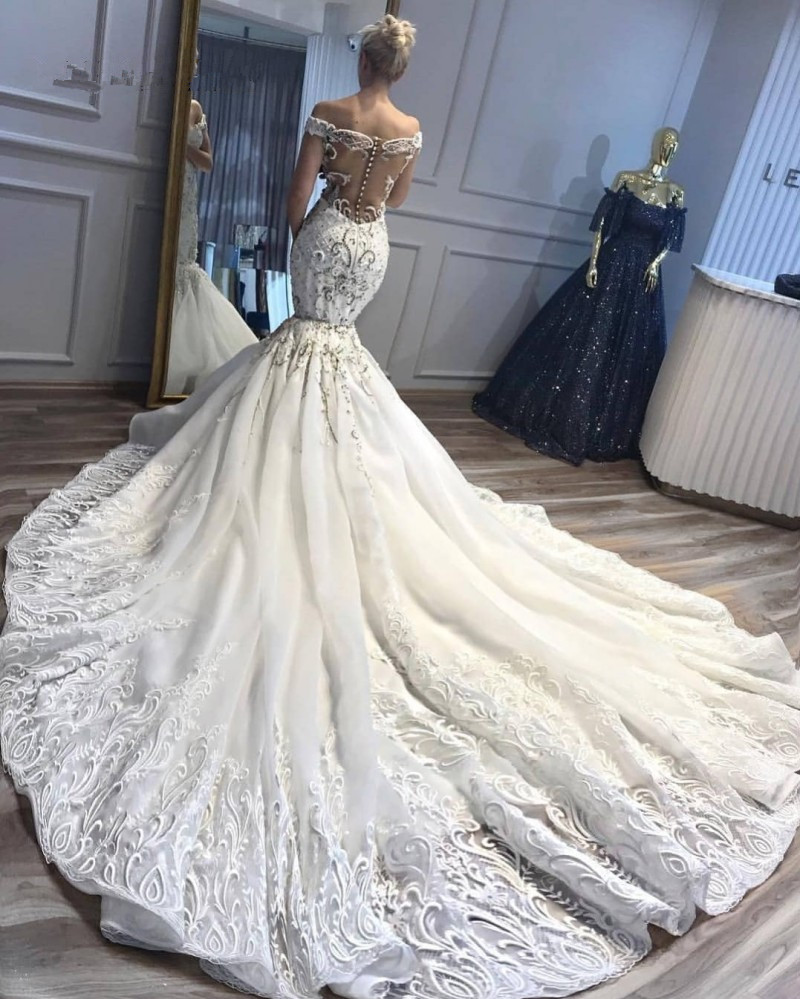 Exquisite Heavy Handwork Wedding Dresses Beaded Court Train Off The Shoulder Tulle Net Lace Mermaid Bridal Dress Wedding Gowns