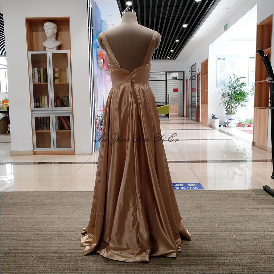 Golden Satin Bridesmaid Dresses For Women's Wedding V-neck Wedding Guest Dress Lady Honor High Split A-line Party Gown Cheap