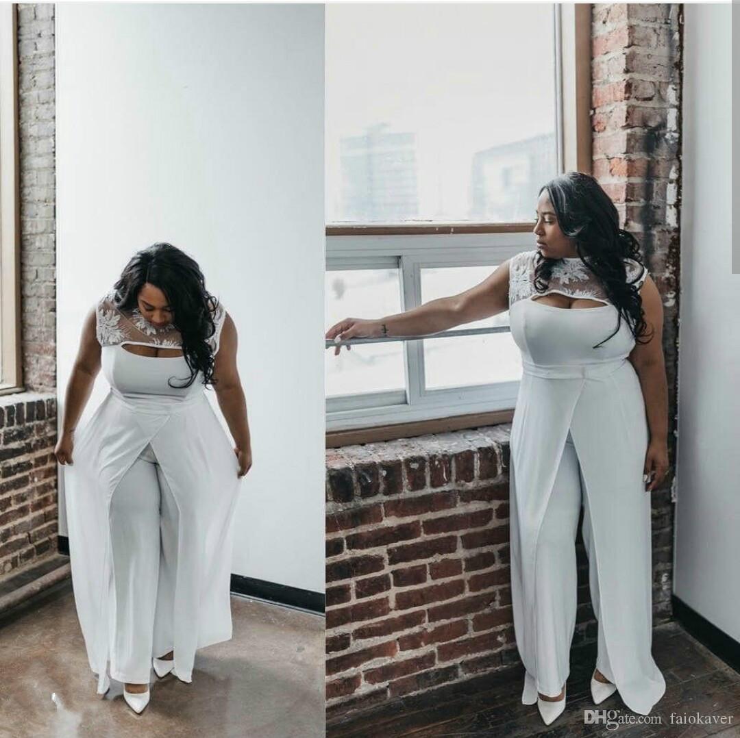 Sexy Women Jumpsuit With Chiffon Train Jewel Neck Plus Size Evening Gowns Floor Length Arabic Prom Dress Vestidos Festa