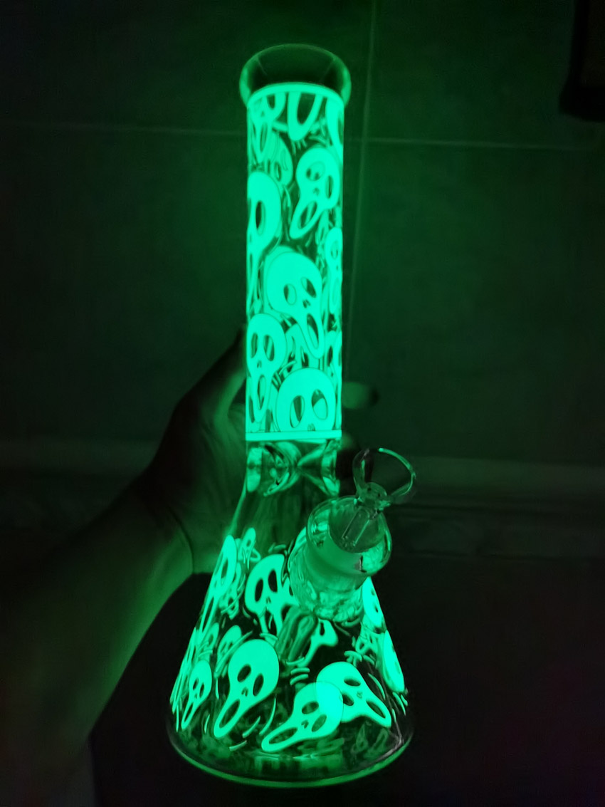 Vintage Glow in The Dark 7mm 14inch Glass bong hookah water pipe oil dab rig can put customer logo by dhl ups