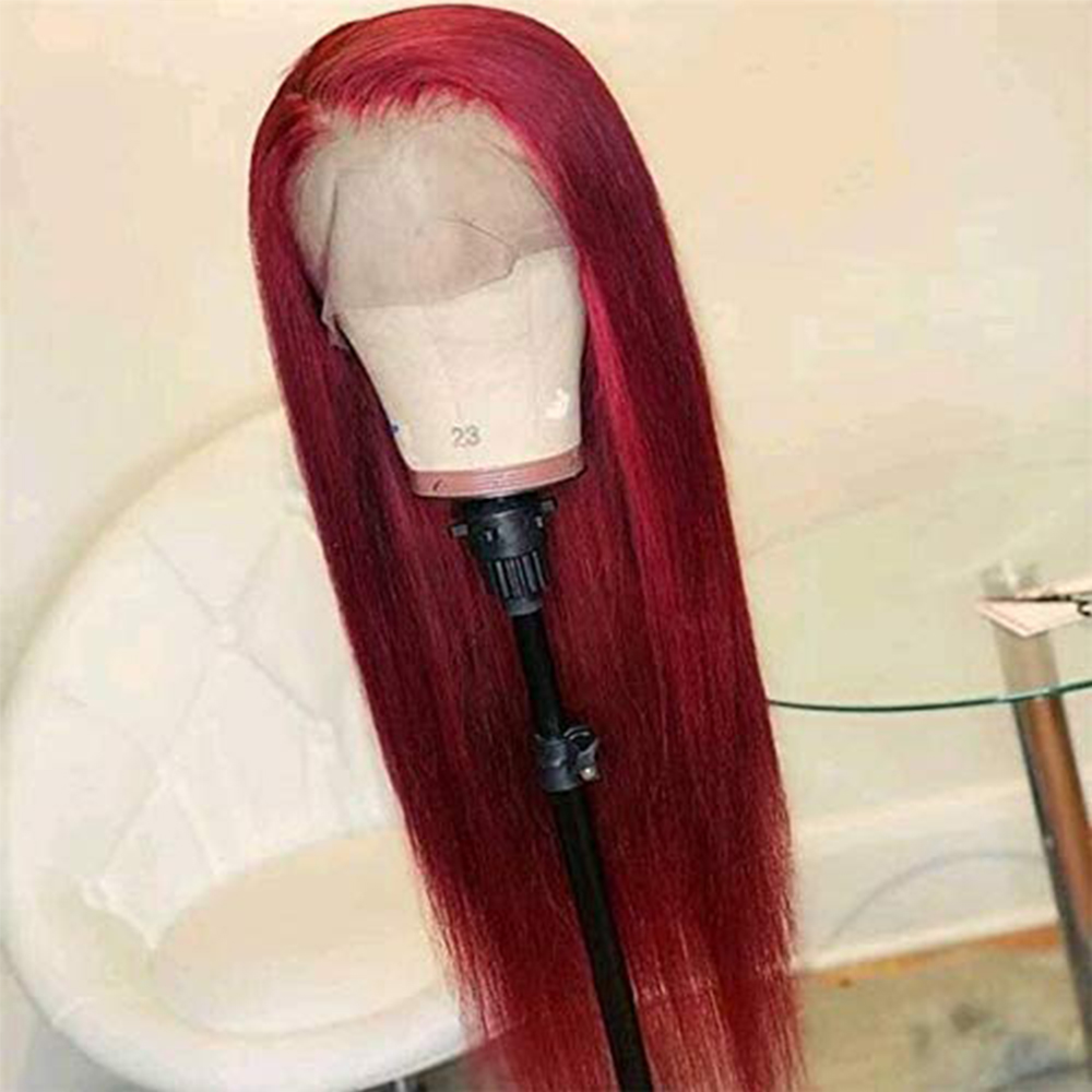 Red Color Silk Straight Glueless Full Lace Wigs With Baby Hair Pre Plucked Remy Burgundy Human Hair Wig For Women