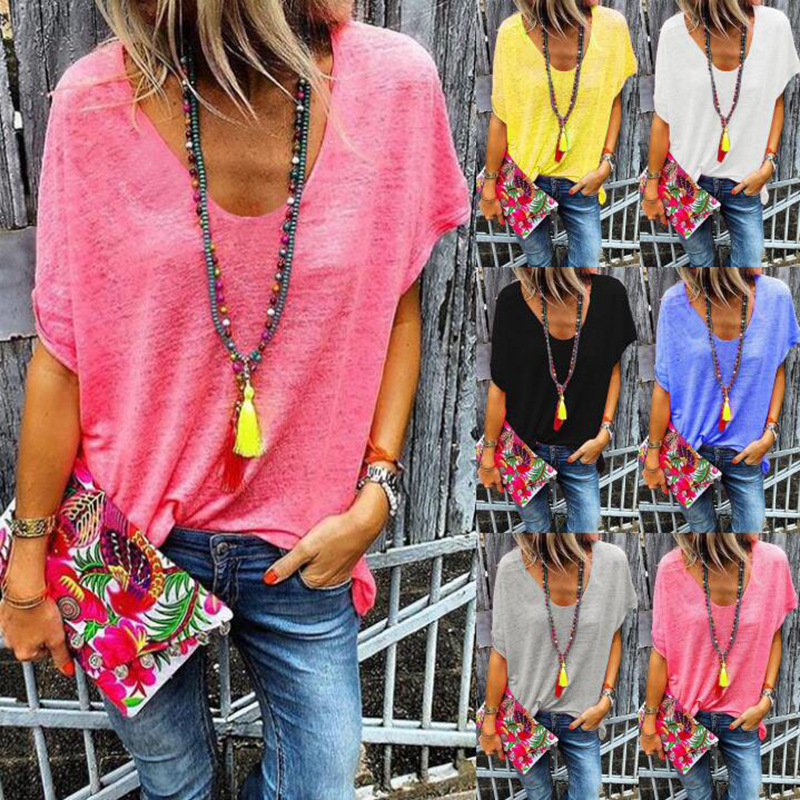 2021 European solid color V-neck short-sleeved T-shirt bottoming shirt black gray red yellow white blue support mixed batch