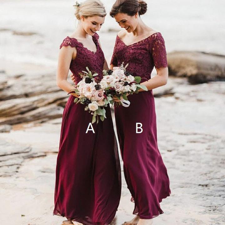Stylish Beach Burgundy Country Bridesmaid dresses Mix and Match Style Top Lace Floor Length Chiffon wedding Party Gowns Cheap maid of honor