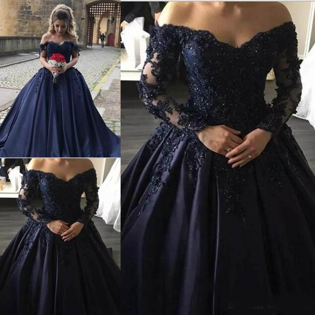 Elegant Navy Blue V-Neck Prom Dresses Lace Applique With Sweep Train Formal Evening Dresses Wear Long Party Gowns