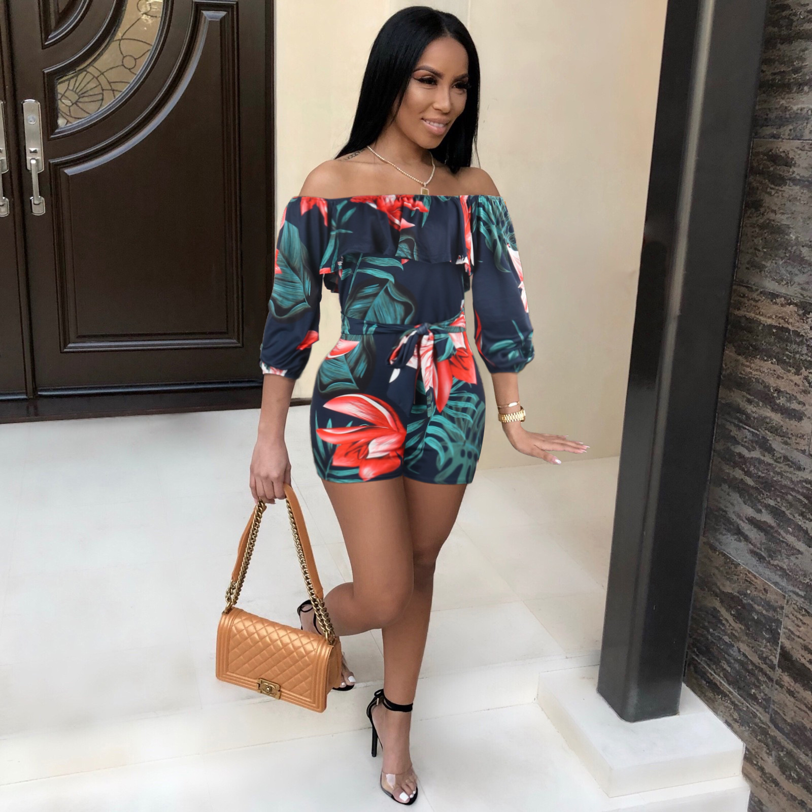 jumpsuit 2021 European sexy word collar off-the-shoulder ruffled long-sleeved pullover tube top printed belt jumpsuit support mixed batch